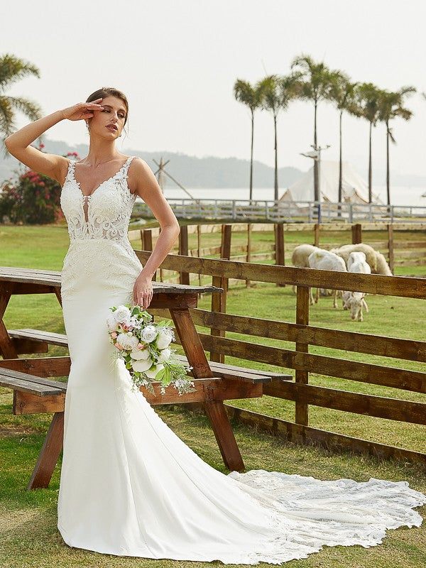 Sheath V-Neck Lace Sleeveless Train Wedding Dress - Chloe Dress