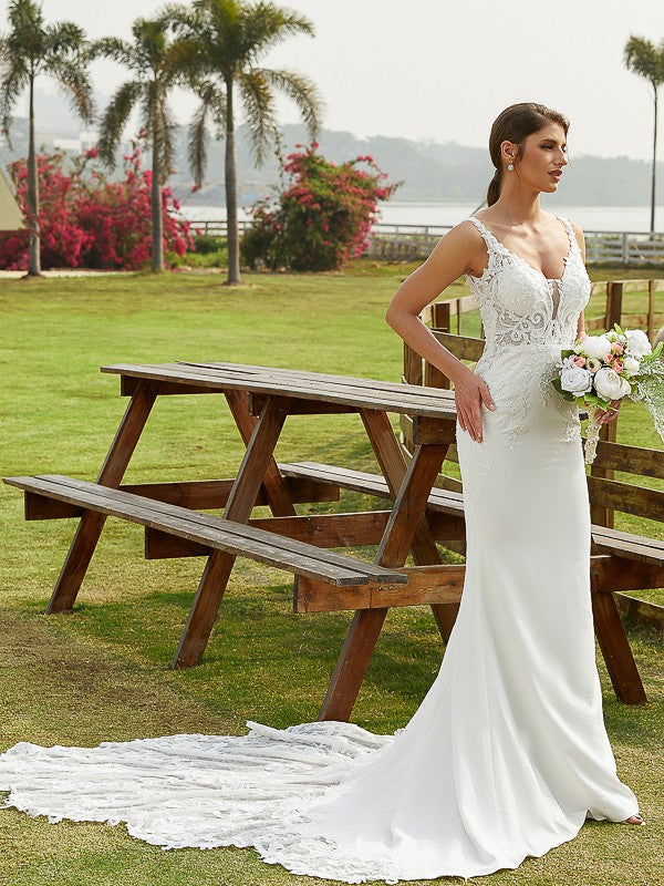 Sheath V-Neck Lace Sleeveless Train Wedding Dress - Chloe Dress