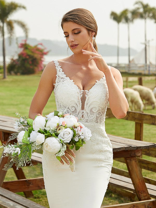 Sheath V-Neck Lace Sleeveless Train Wedding Dress - Chloe Dress