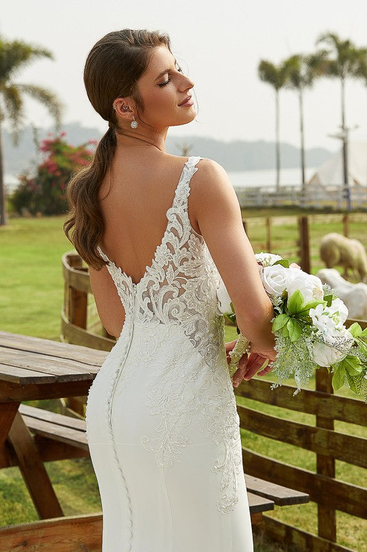 Sheath V-Neck Lace Sleeveless Train Wedding Dress - Chloe Dress