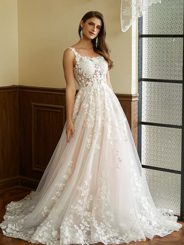 A-Line Tulle Sleeveless Train Wedding Dress - Chloe Dress