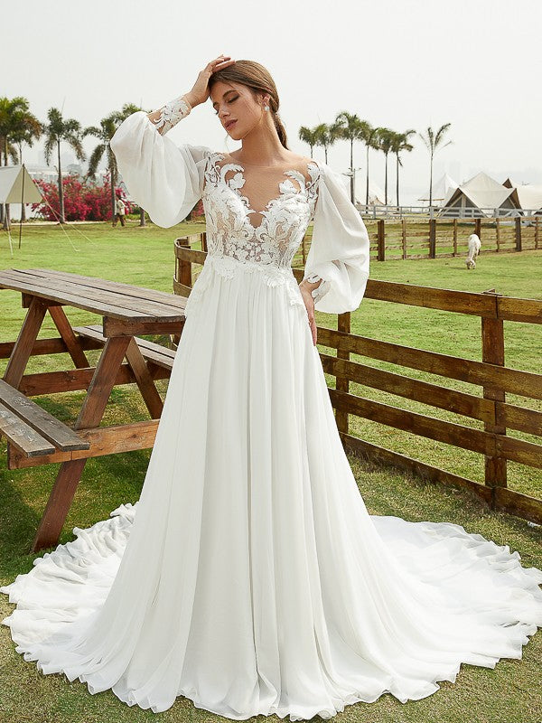 A-Line Chiffon Long Sleeve Train Wedding Dress - Chloe Dress