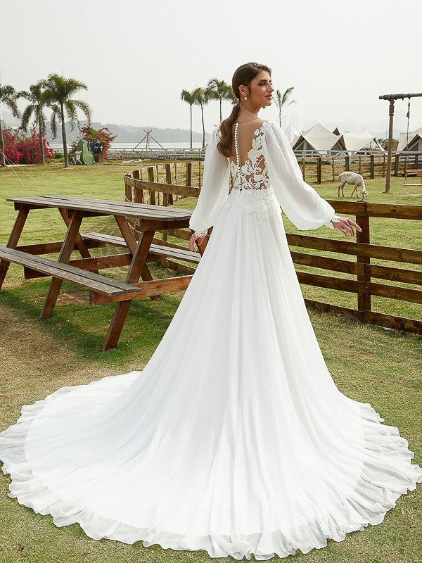 A-Line Chiffon Long Sleeve Train Wedding Dress - Chloe Dress