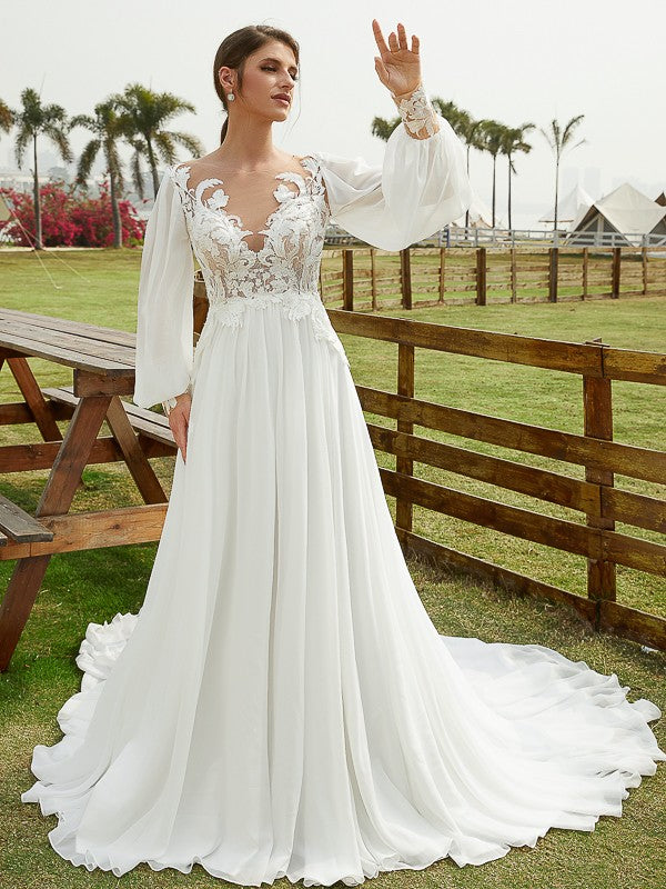 A-Line Chiffon Long Sleeve Train Wedding Dress - Chloe Dress