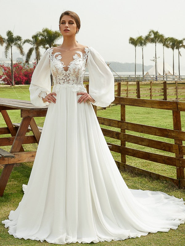A-Line Chiffon Long Sleeve Train Wedding Dress - Chloe Dress