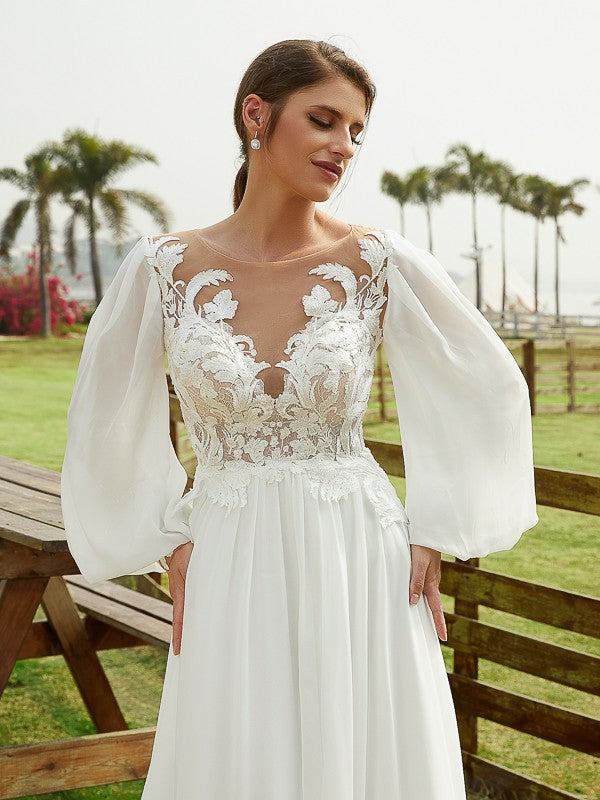 A-Line Chiffon Long Sleeve Train Wedding Dress - Chloe Dress