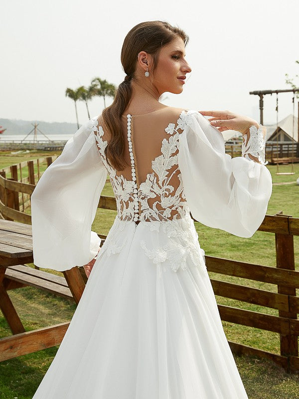 A-Line Chiffon Long Sleeve Train Wedding Dress - Chloe Dress
