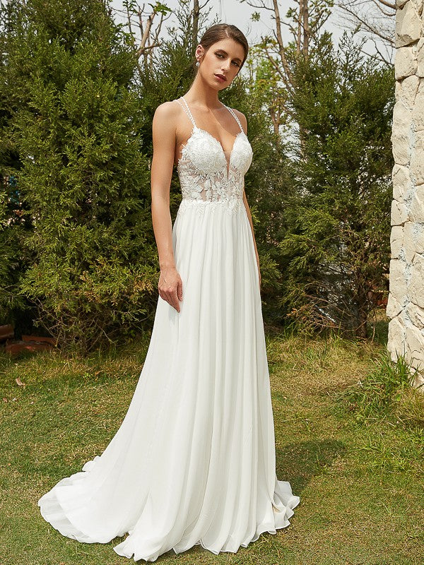 A-Line V-Neck Chiffon Sleeveless Train Wedding Dress - Chloe Dress