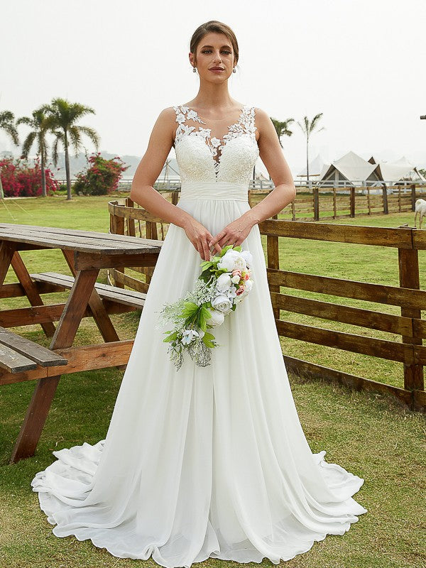 A-Line Chiffon Sleeveless Train Wedding Dress - Chloe Dress
