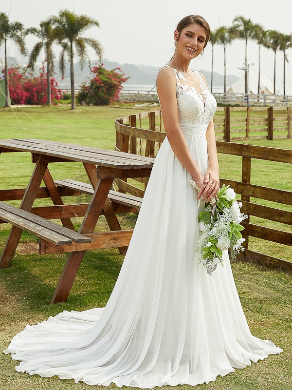 A-Line Chiffon Sleeveless Train Wedding Dress - Chloe Dress