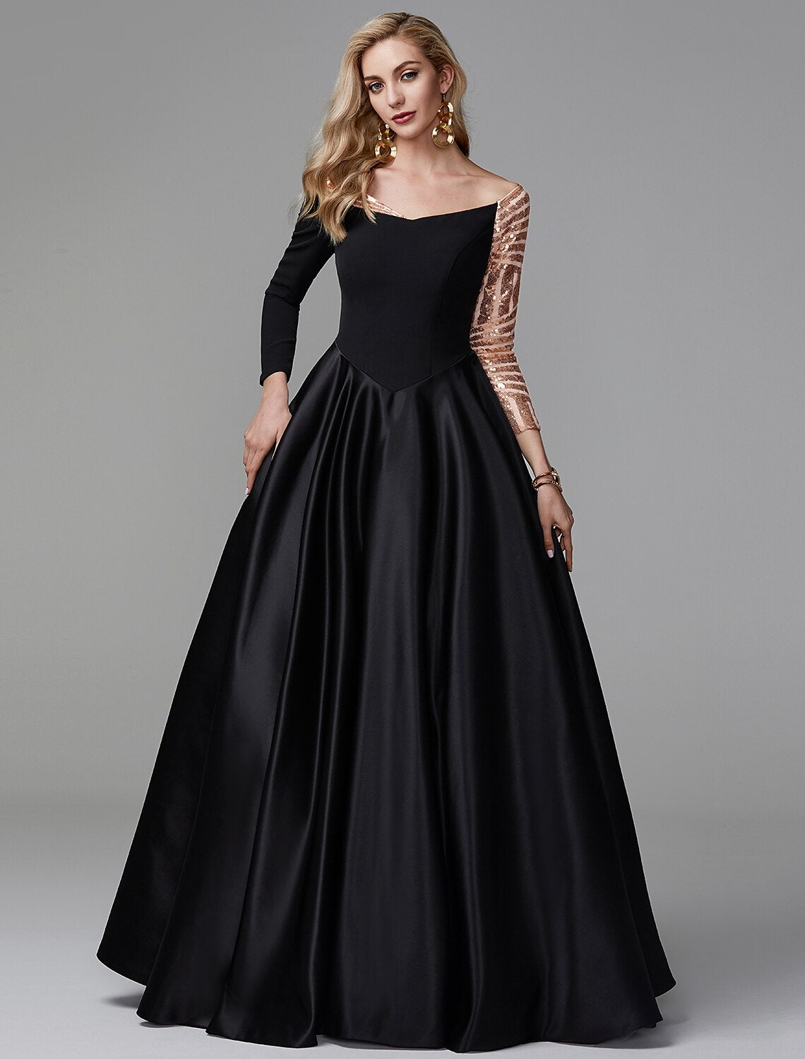 Black Ball Gown Off-Shoulder Satin Long Sleeve Floor-Length Evening Gown - Chloe Dress