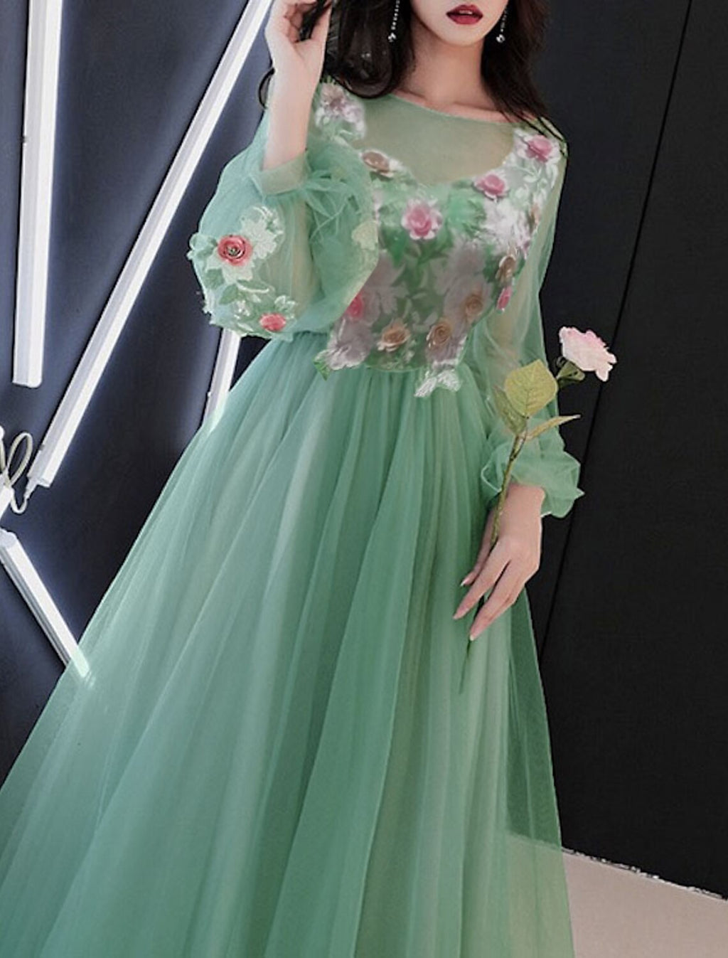 A-Line Illusion Tulle Long Sleeve Applique Floor-Length Prom Dress - Chloe Dress