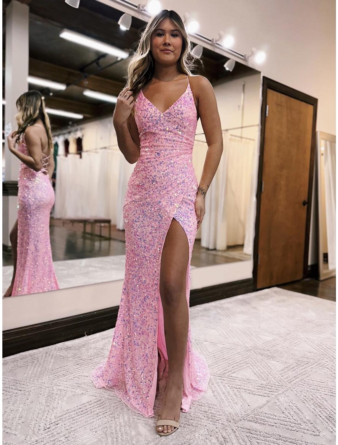 Mermaid V-Neck Sequin Sleeveless Backless High Slit Prom Dress - Chloe Dress