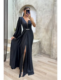 A-Line One-Shoulder Satin Long Sleeve High Slit Evening Gown - Chloe Dress