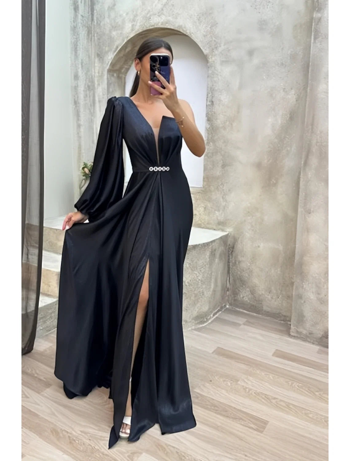 A-Line One-Shoulder Satin Long Sleeve High Slit Evening Gown - Chloe Dress