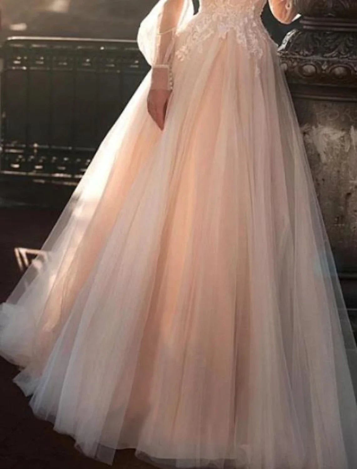 A-Line Illusion Lace Long Sleeve Train Wedding Gown - Chloe Dress