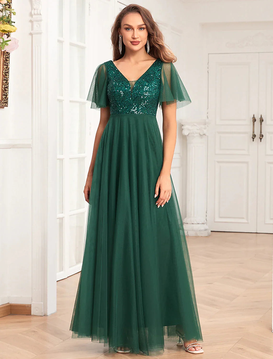 A-Line V-Neck Chiffon Short Sleeve Floor-Length Evening Dress - Chloe Dress