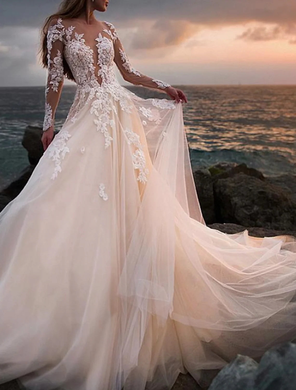 A-Line Illusion Lace Long Sleeve Open Back Train Wedding Gown - Chloe Dress