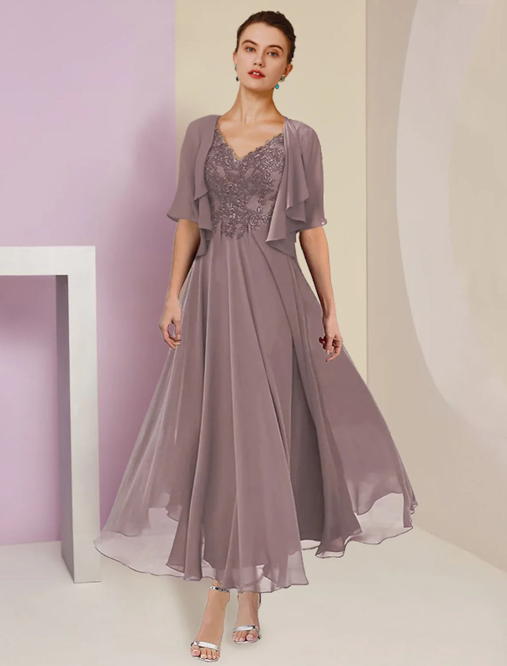 A-Line V-Neck Chiffon Short Sleeve Pleated Mini Wedding Dress - Chloe Dress