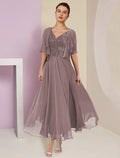A-Line V-Neck Chiffon Short Sleeve Pleated Mini Wedding Dress - Chloe Dress