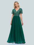A-Line V-Neck Sequin Short Sleeve Floor-Length Evening Gown - Chloe Dress