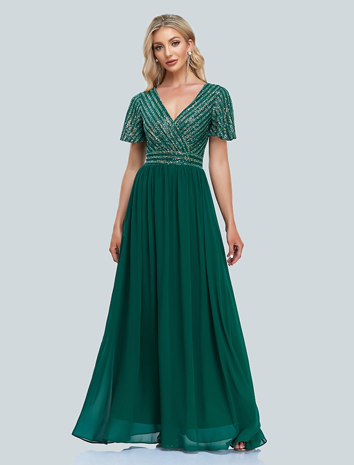 A-Line V-Neck Sequin Short Sleeve Floor-Length Evening Gown - Chloe Dress