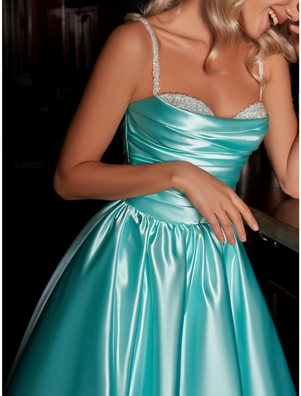 A-Line Spaghetti Strap Satin Sleeveless Pleated Knee-Length Wedding Dress - Chloe Dress