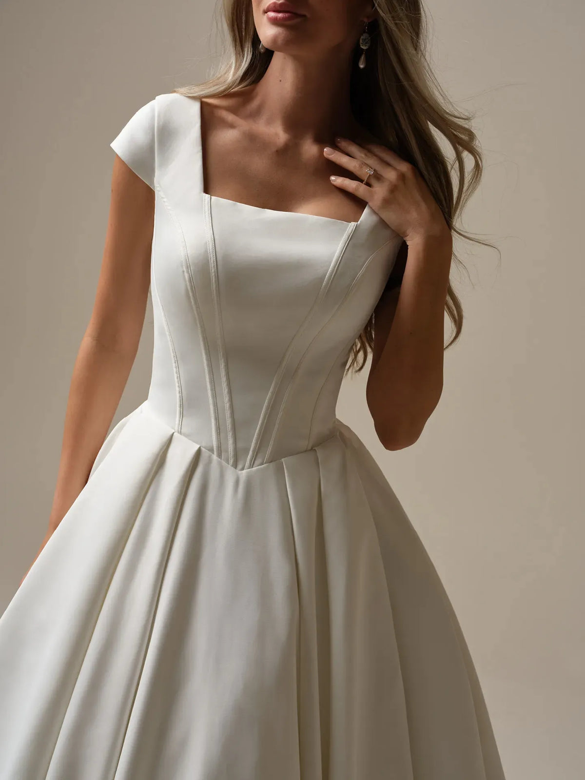 White Cap Sleeve Square Neck Ball Gown Satin Wedding Dresses