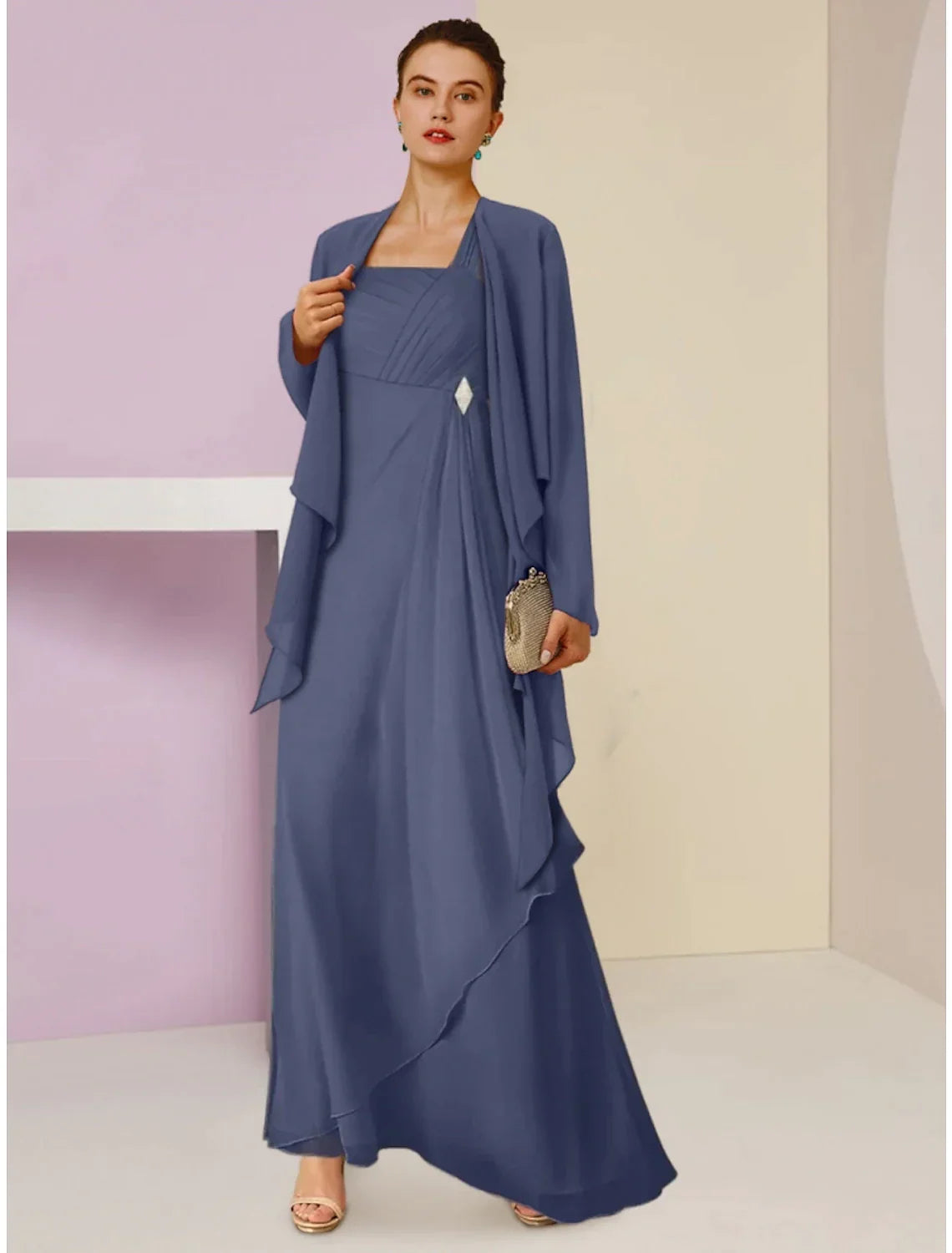 A-Line Square Neck Chiffon Long Sleeve Ankle-Length Wedding Dress - Chloe Dress