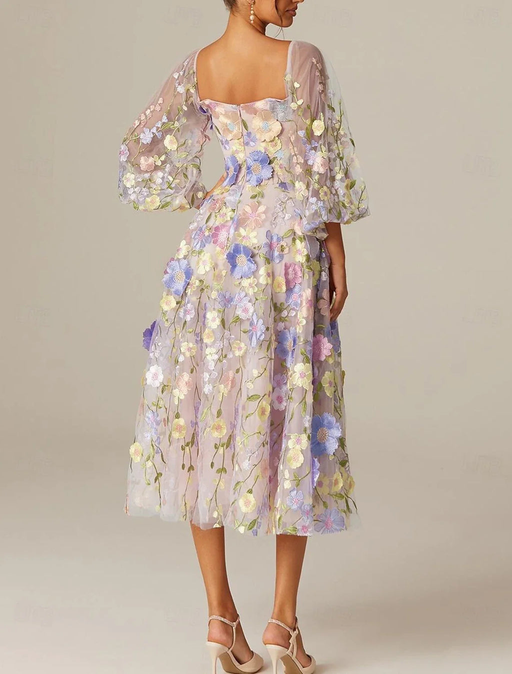 A-Line Square Neck Tulle Long Sleeve Applique Tea-Length Prom Dress - Chloe Dress
