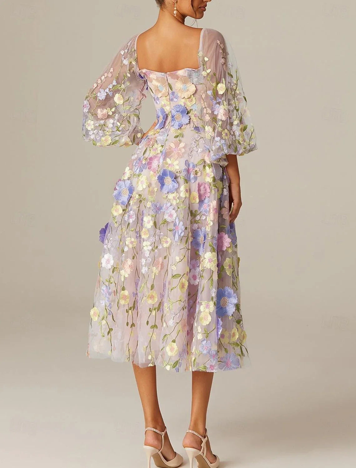 A-Line Square Neck Tulle Long Sleeve Applique Tea-Length Prom Dress - Chloe Dress