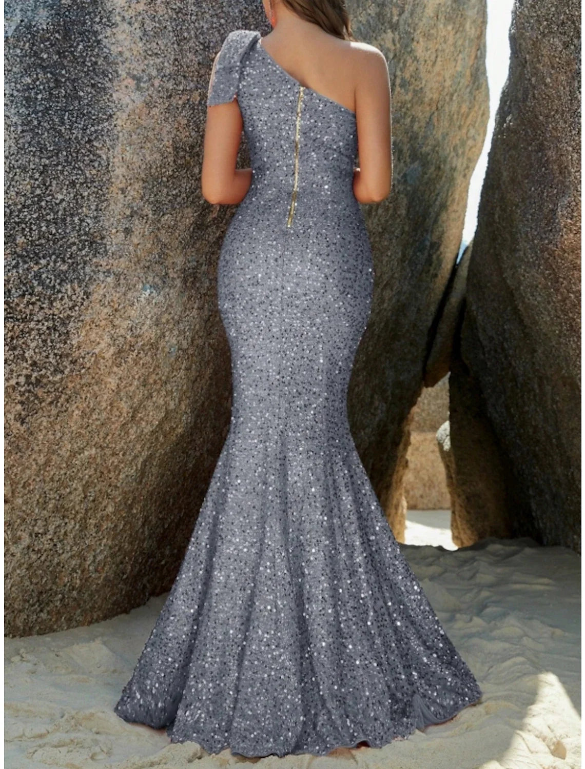 Mermaid One-Shoulder Sequin Sleeveless Train Evening Gown - Chloe Dress