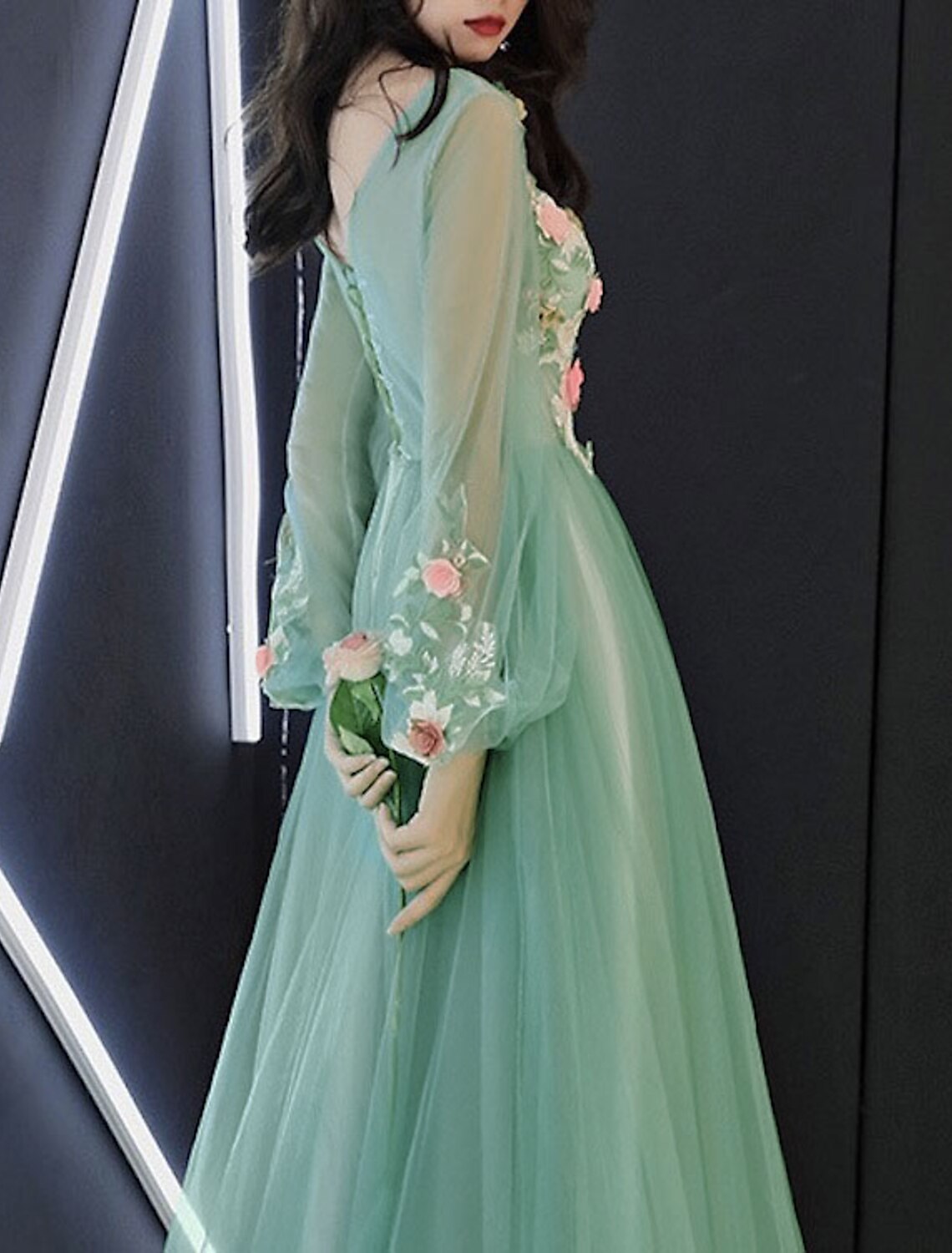 A-Line Illusion Tulle Long Sleeve Applique Floor-Length Prom Dress - Chloe Dress