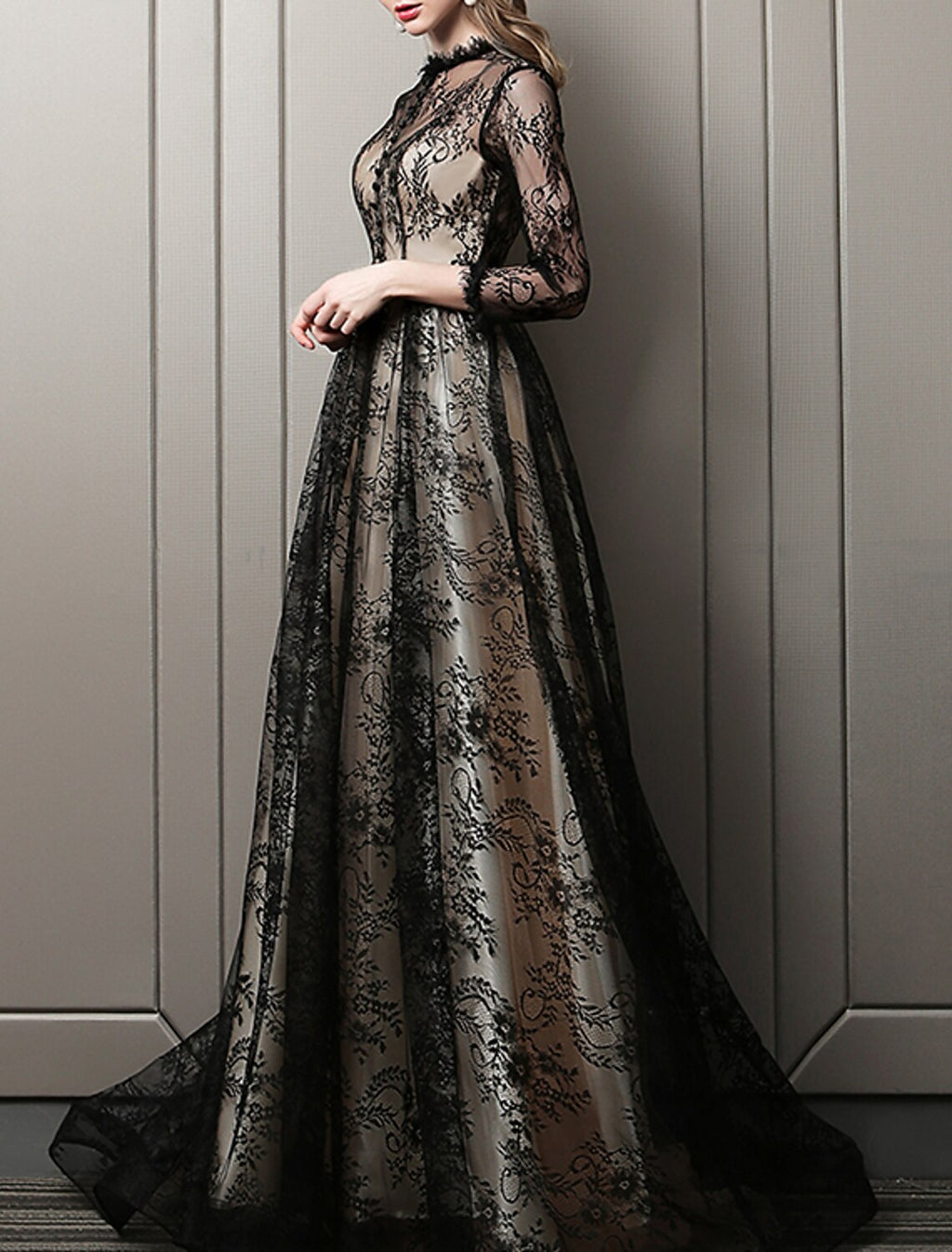 A-Line Lace Three-Quarter Sleeve Train Evening Gown - Chloe Dress