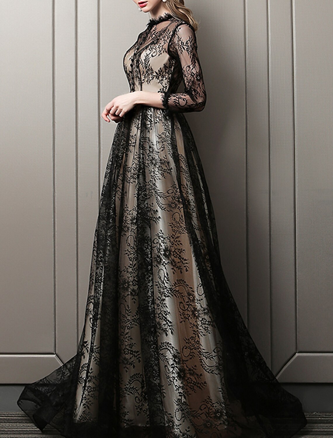 A-Line Lace Three-Quarter Sleeve Train Evening Gown - Chloe Dress