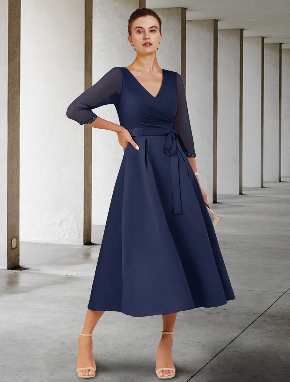 A-Line V-Neck Chiffon Three-Quarter Sleeve Tea-Length Wedding Dress - Chloe Dress