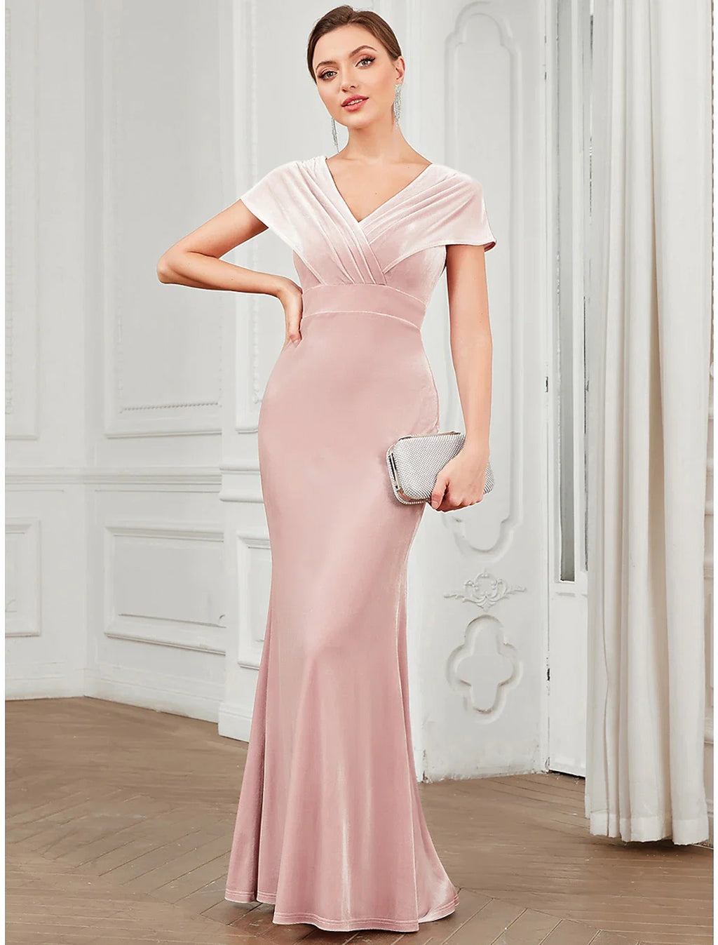 Mermaid V-Neck Velvet Short Sleeve Ruffled Floor-Length Evening Gown - Chloe Dress