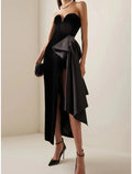 Black Sheath Sweetheart Satin Sleeveless High Slit Ankle-Length Cocktail Dress - Chloe Dress