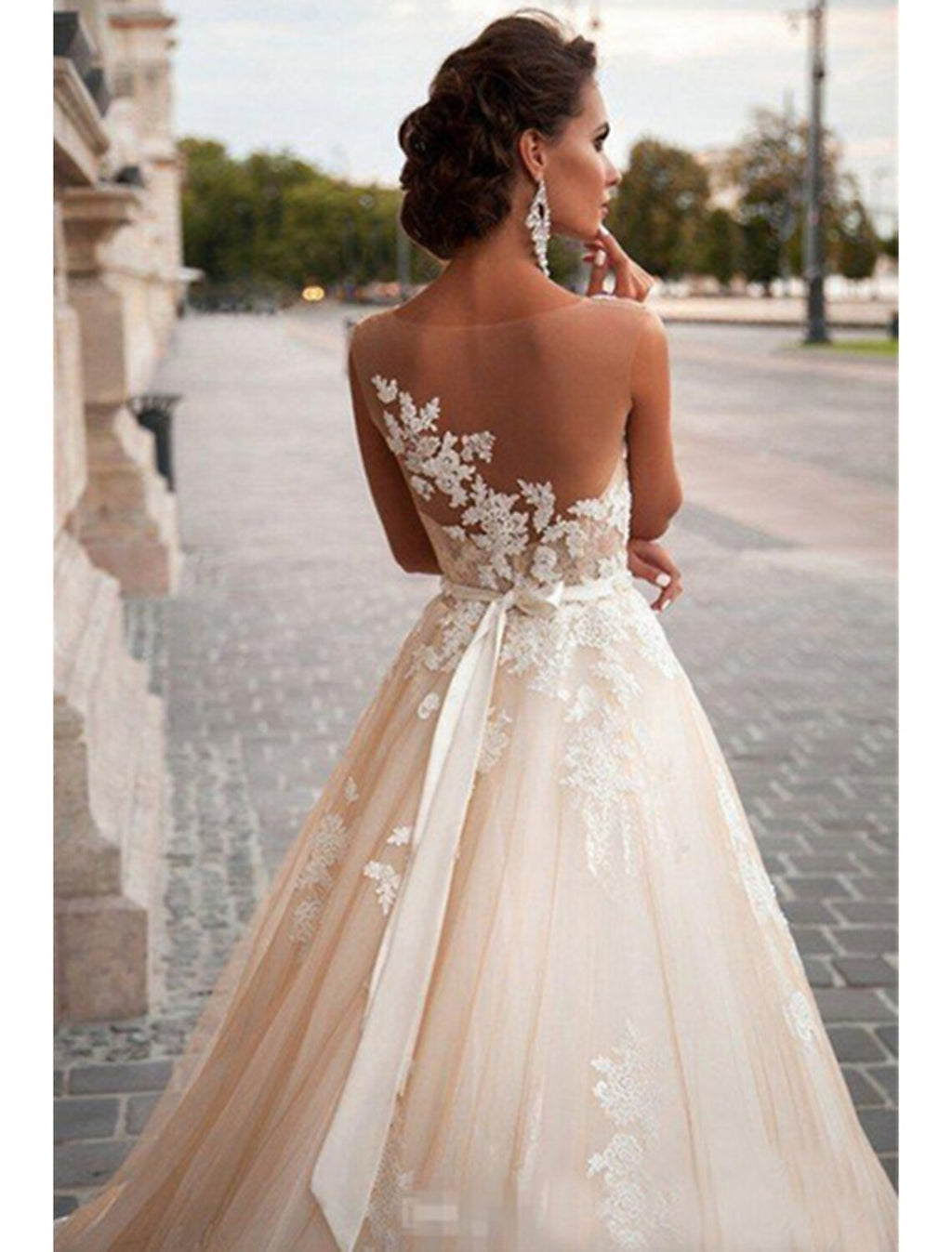 Ball Gown Illusion Satin Sleeveless Open Back Train Wedding Gown - Chloe Dress