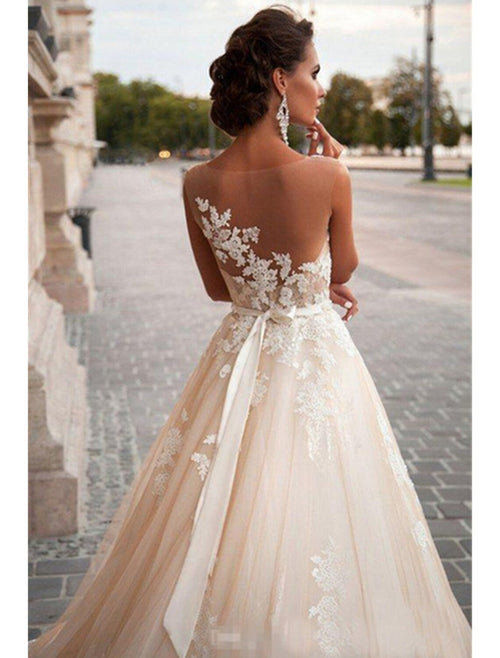 Ball Gown Illusion Satin Sleeveless Open Back Train Wedding Gown - Chloe Dress