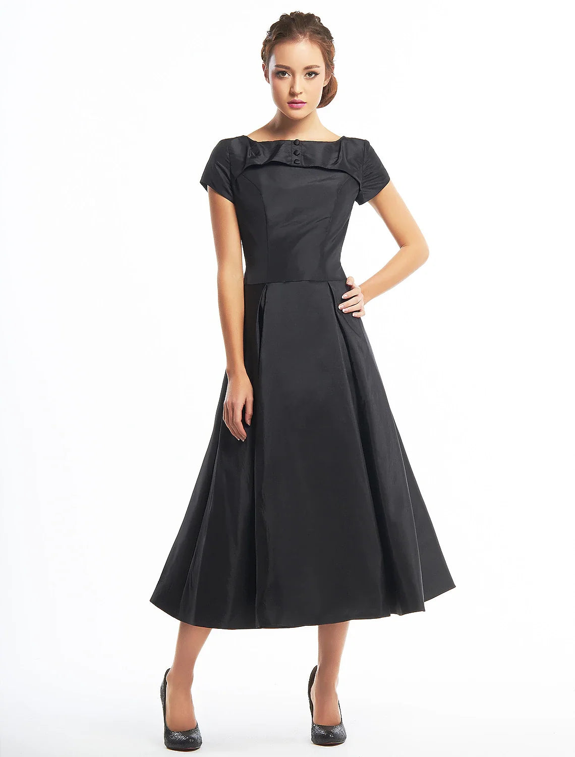 Black A-Line Short Sleeve Button Back Mini Wedding Dress - Chloe Dress