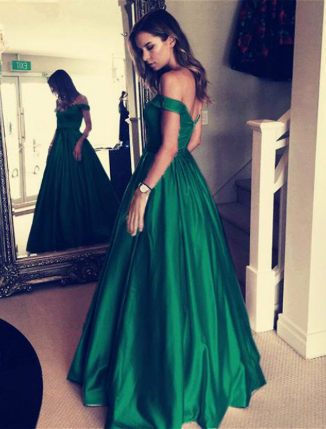 Ball Gown Off-Shoulder Satin Short Sleeve Backless Pleated Floor-Length Evening Gown - Chloe Dress