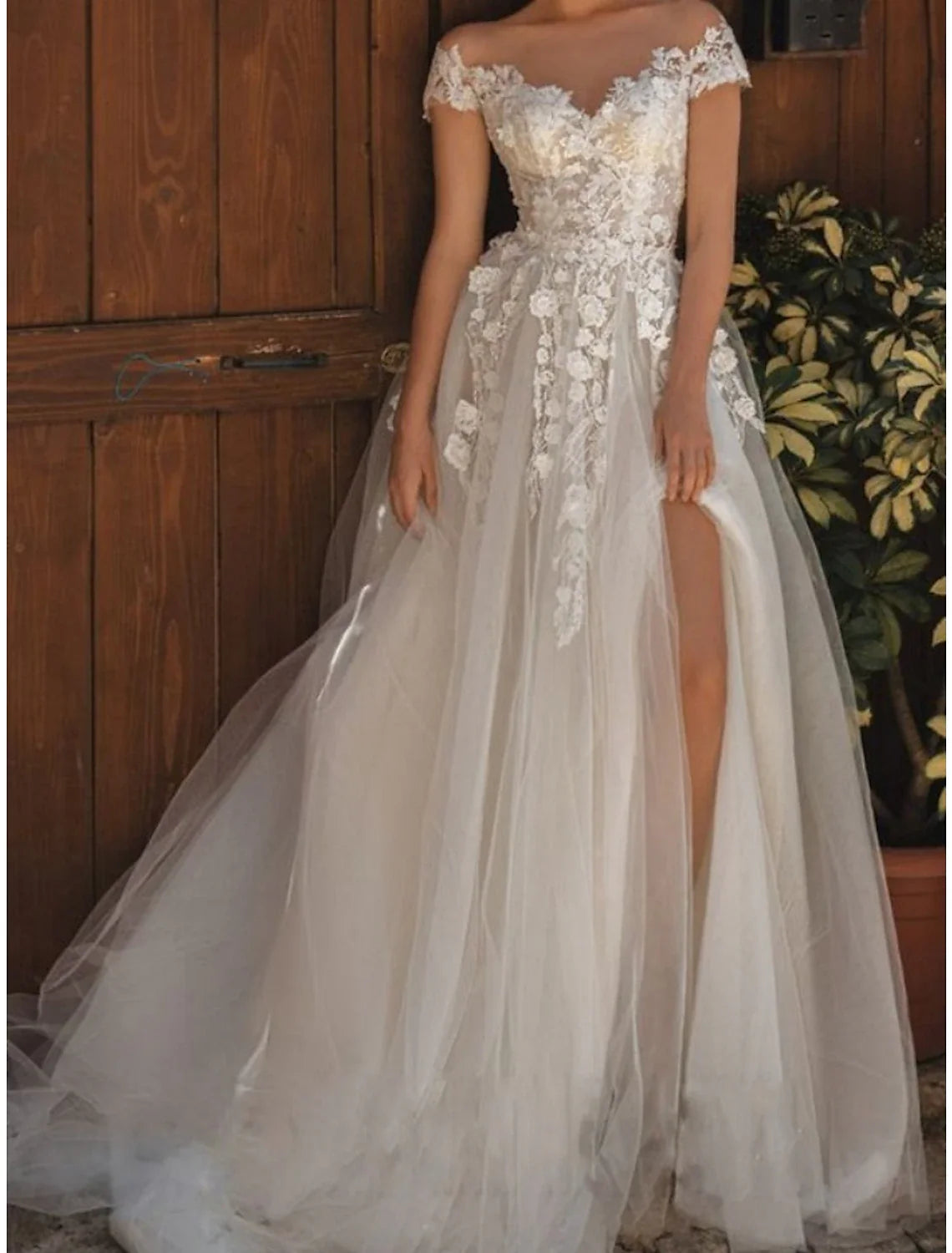 A-Line Off-Shoulder Lace Short Sleeve Pleated Mini Wedding Gown - Chloe Dress