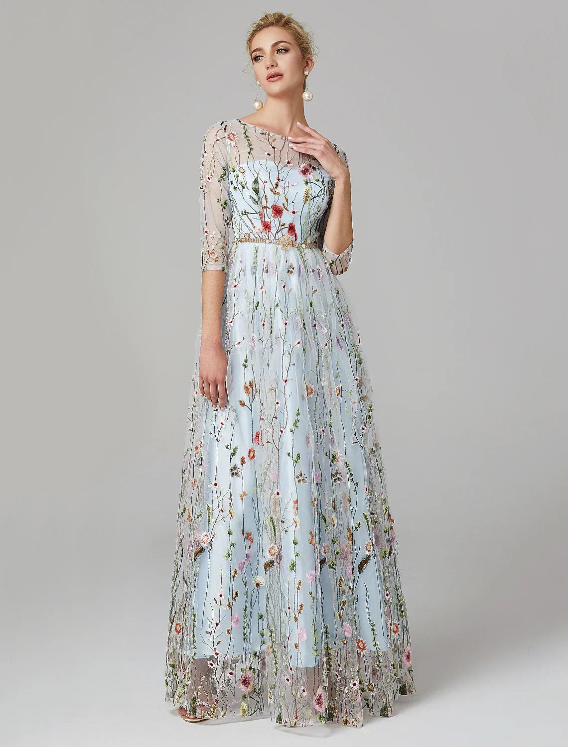 A-Line Illusion Lace Three-Quarter Sleeve Floor-Length Evening Gown - Chloe Dress