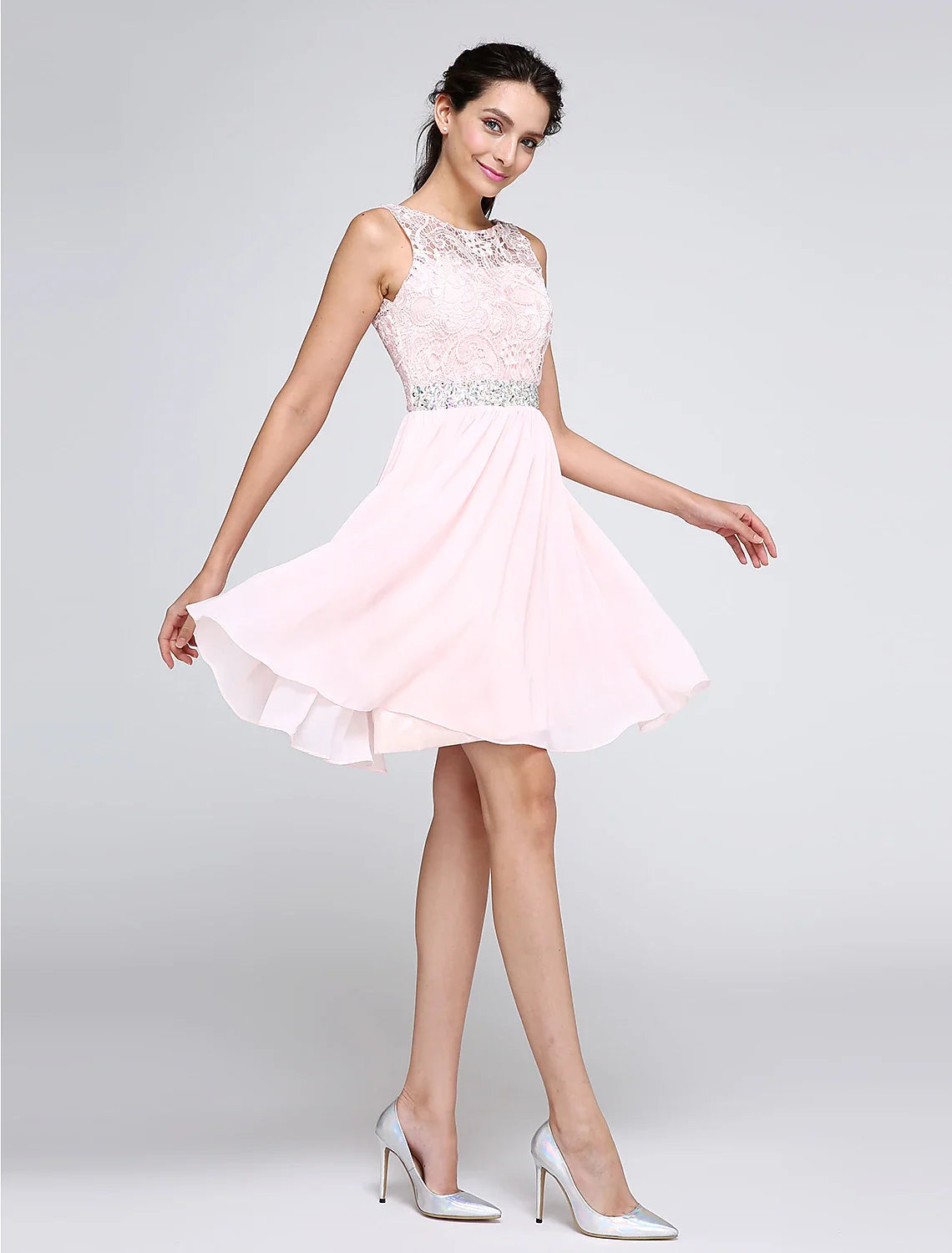 Pink A-Line Illusion Chiffon Sleeveless Open Back Mini Party Dress - Chloe Dress