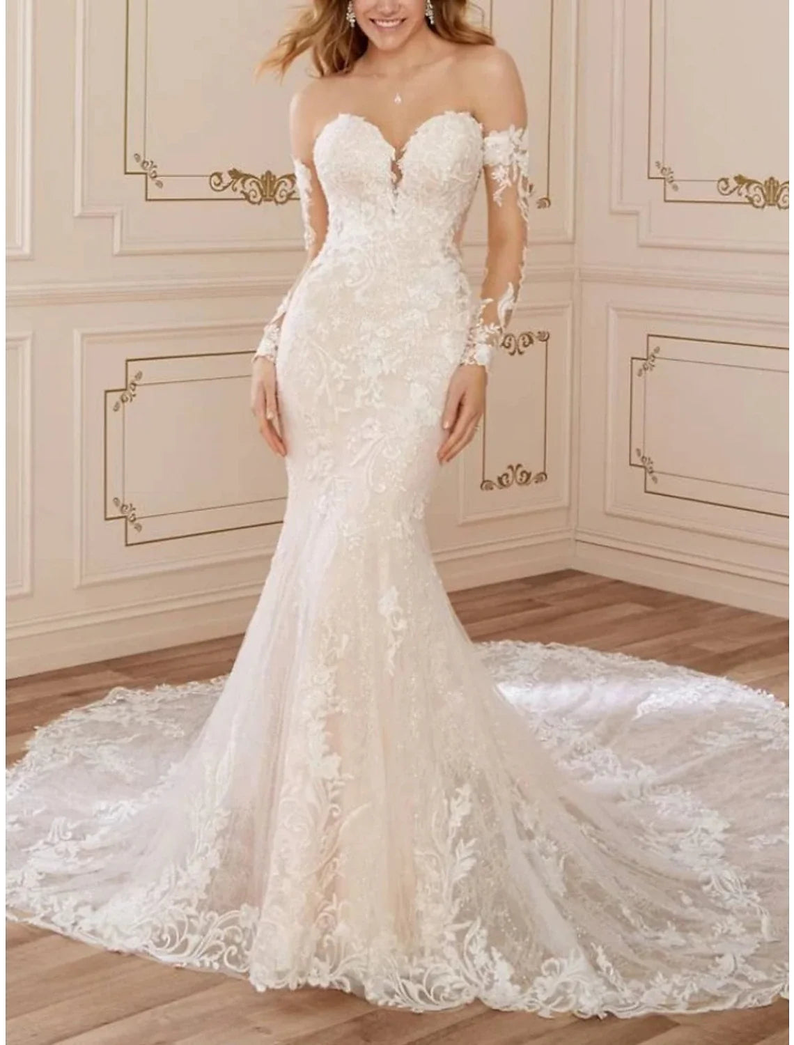 Mermaid Sweetheart Lace Long Sleeve Pleated Wedding Gown - Chloe Dress