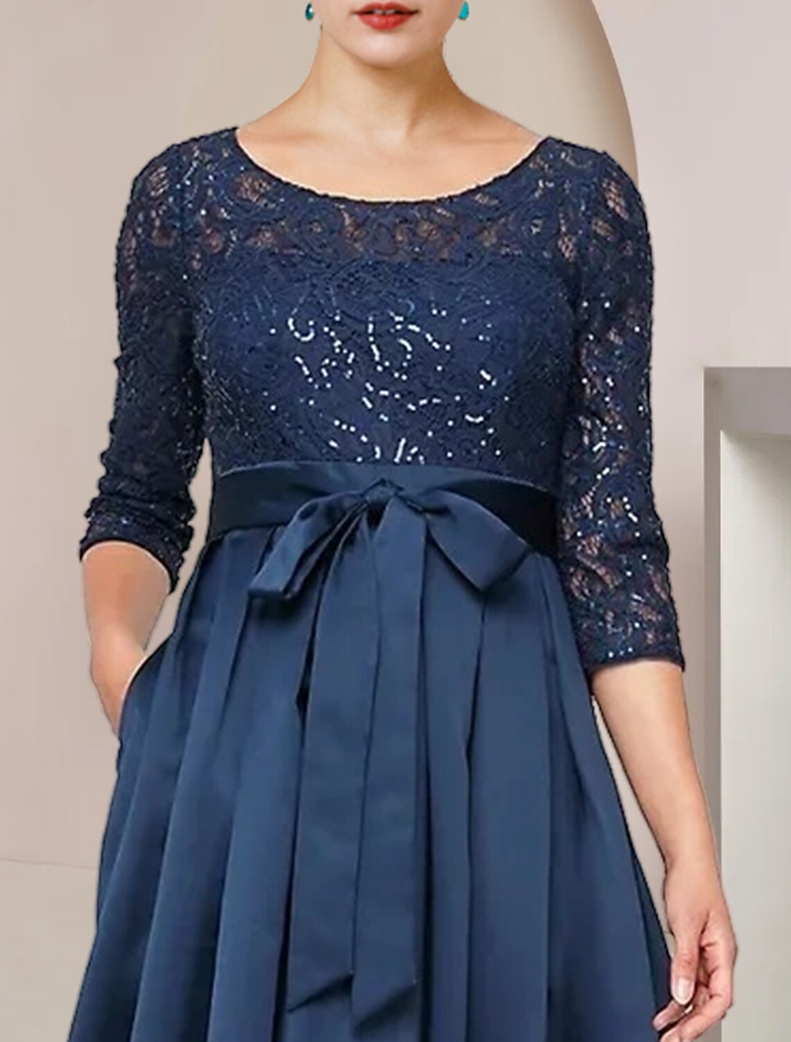 A-Line High Neck Lace Three-Quarter Sleeve Pleated Tea-Length Wedding Dress - Chloe Dress