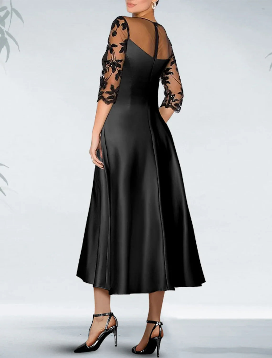 Black A-Line Off-Shoulder Satin Three-Quarter Sleeve Applique Knee-Length Wedding Dress - Chloe Dress