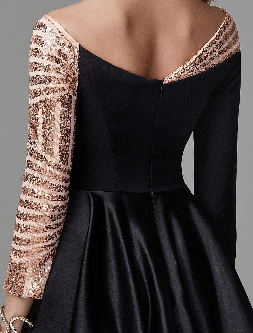 Black Ball Gown Off-Shoulder Satin Long Sleeve Floor-Length Evening Gown - Chloe Dress
