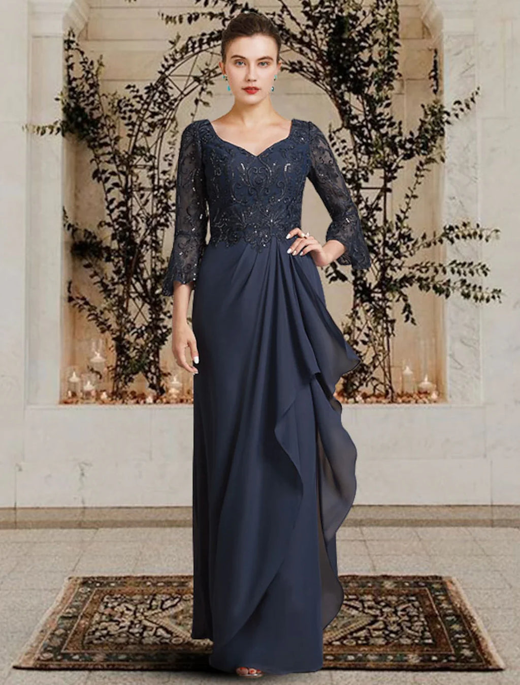 Sheath V-Neck Chiffon Three-Quarter Sleeve Pleated Floor-Length Dress - Chloe Dress